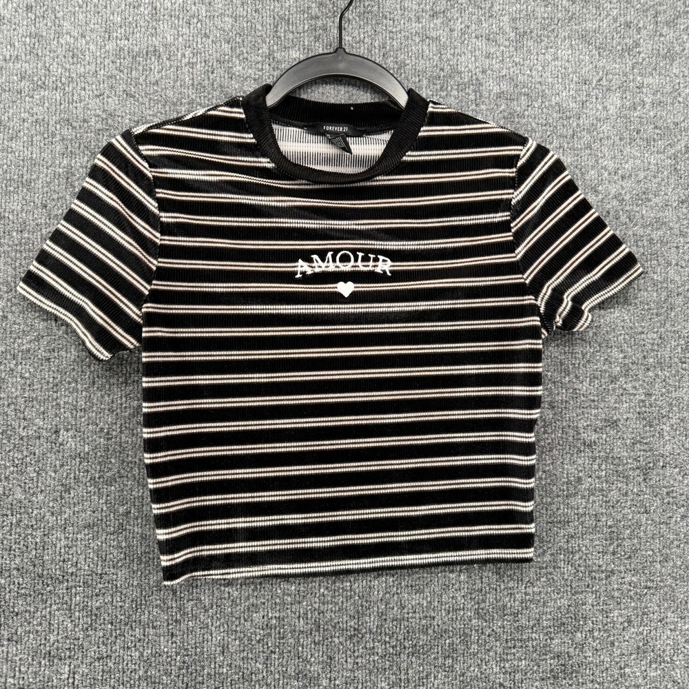 Y2K Top Womens S Black Striped Ribbed Soft Baby Tee Crew Neck Fitted Retro 90s